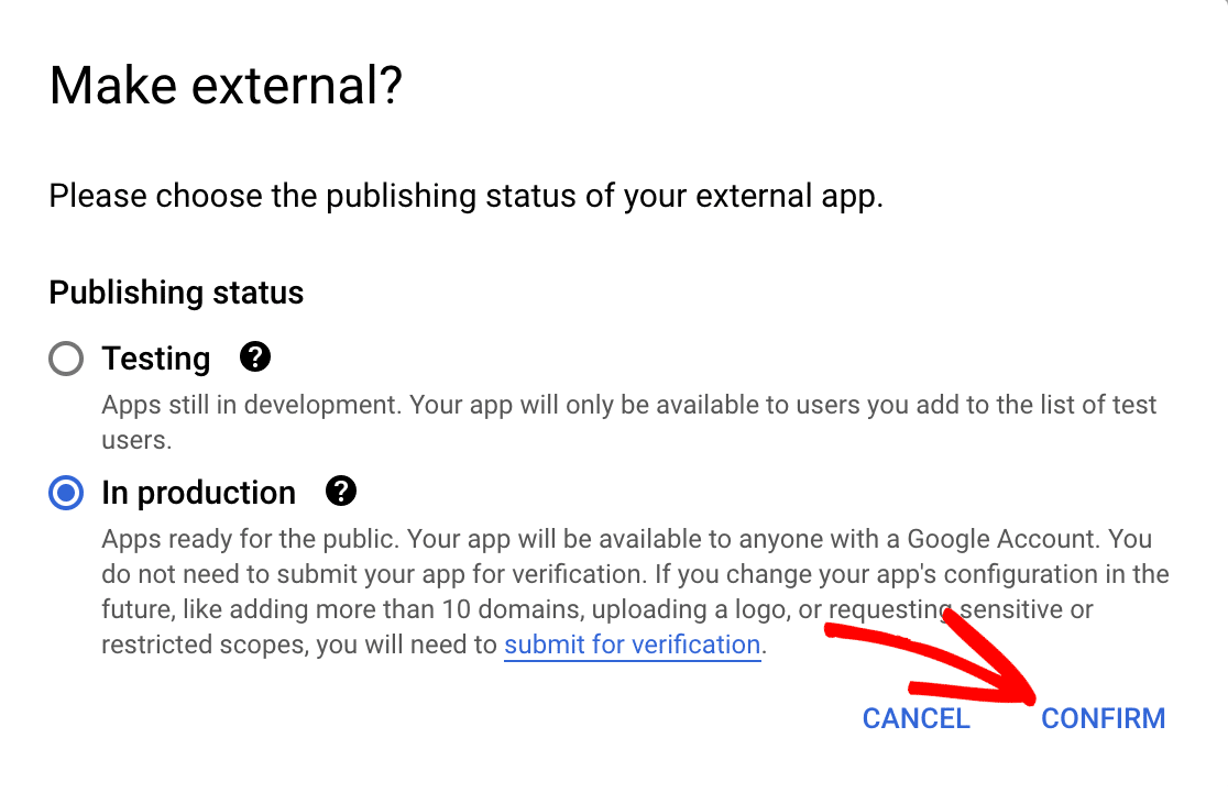 google-cloud-app-in-production - WP Mail SMTP Setting the Google Cloud app publishing status to In production