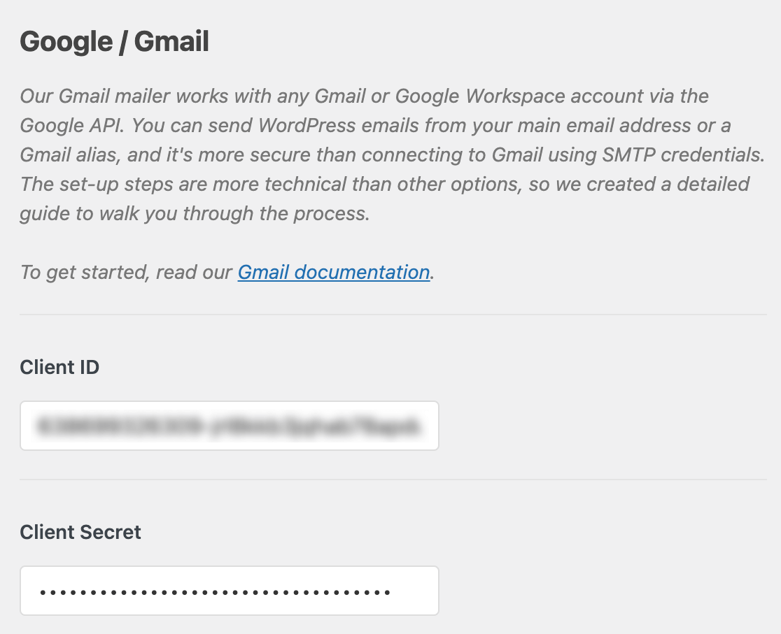 google-gmail-add-client-id-secret - WP Mail SMTP Pasting your Client ID and Client Secret in the Google / Gmail mailer settings