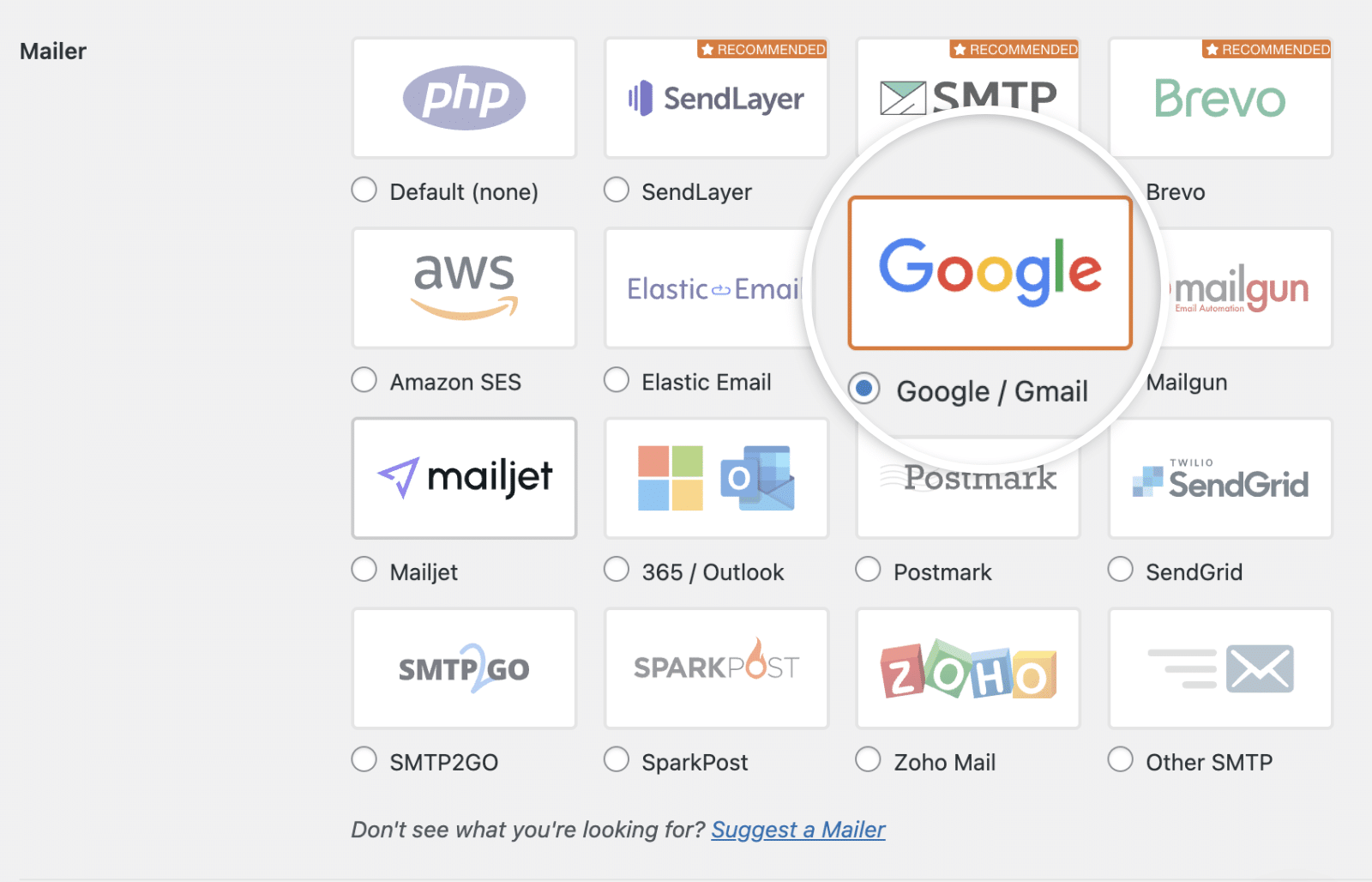 Gmail Mailer - WP Mail SMTP Select Gmail mailer